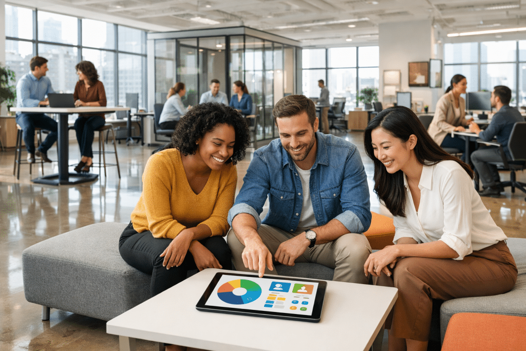A group of 3 office workers are seated around a table displaying a HubDrive dashboard