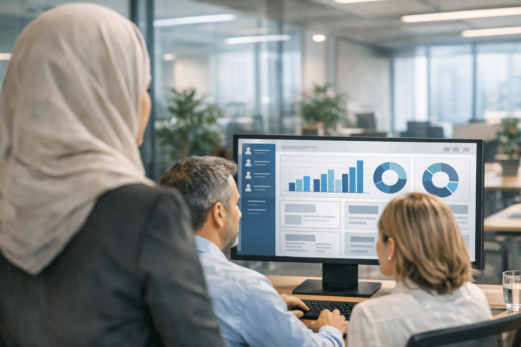 A group of 3 office workers review a HubDrive Dashboard