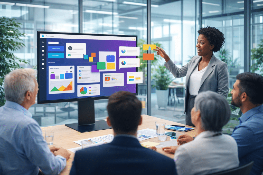 A group of office workers are sitting, watching a presentation on HubDrive Add-ons