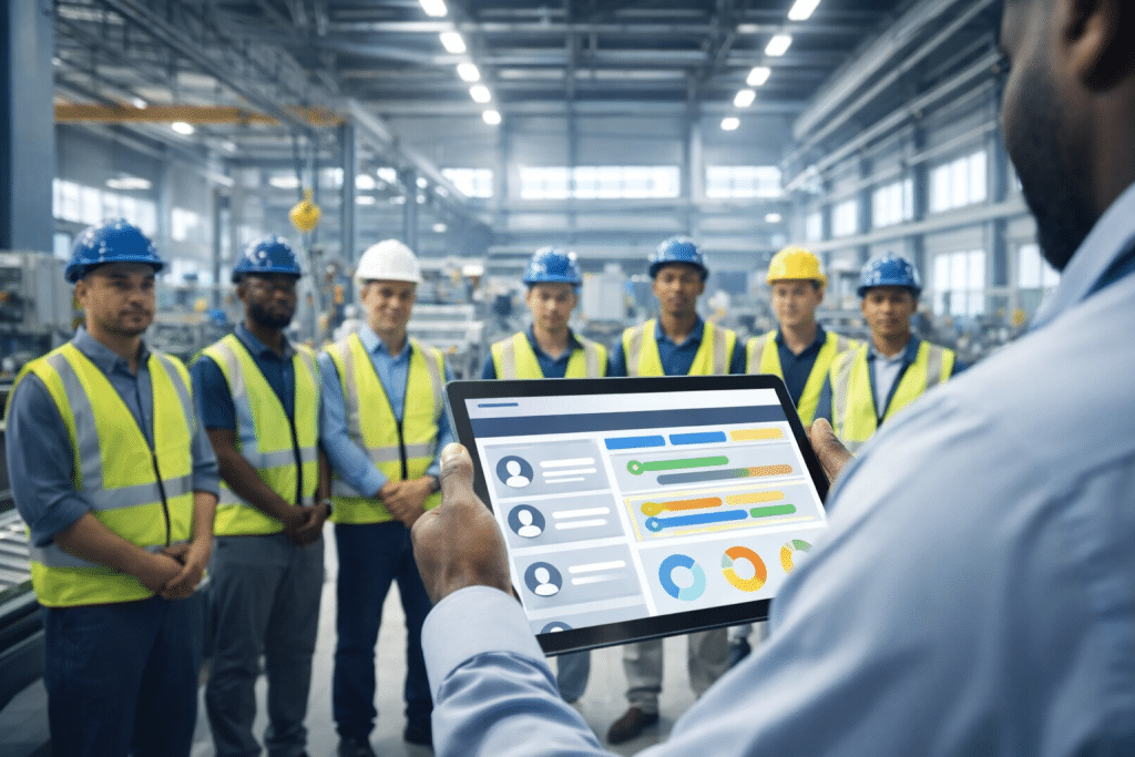 A Line manager speaks to a group of employees while reading from a tablet displaying a HubDrive for Manufacturing dashboard