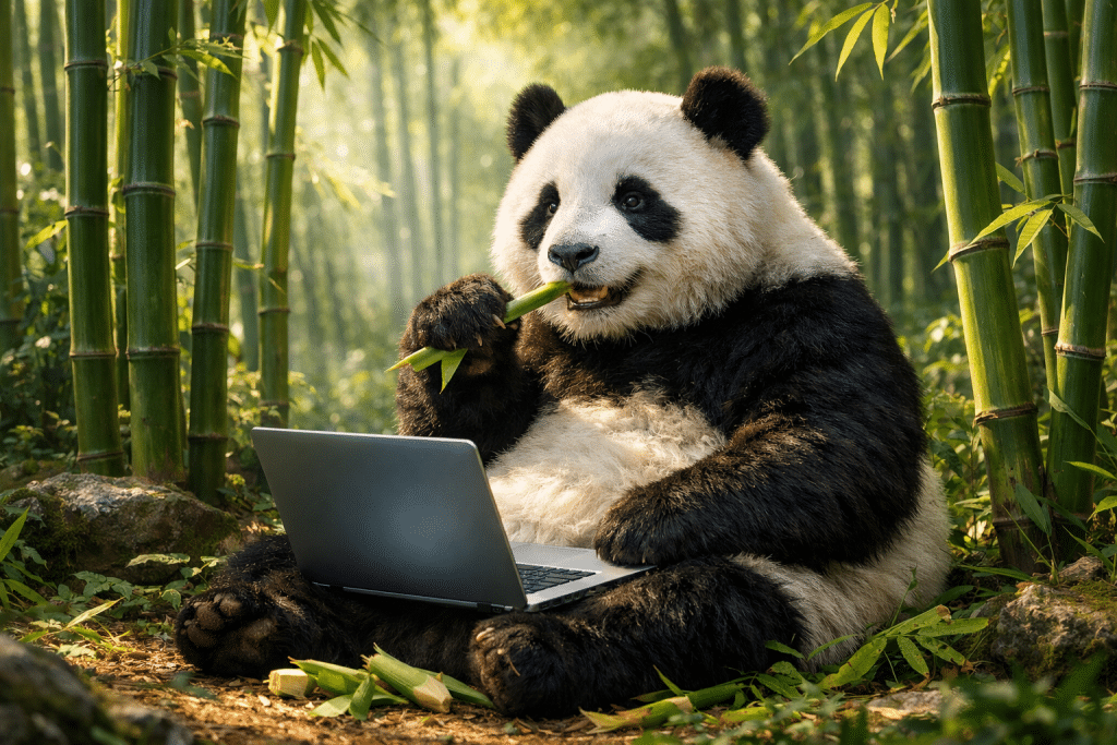 A panda sits chewing some bamboo, while browsing an open laptop