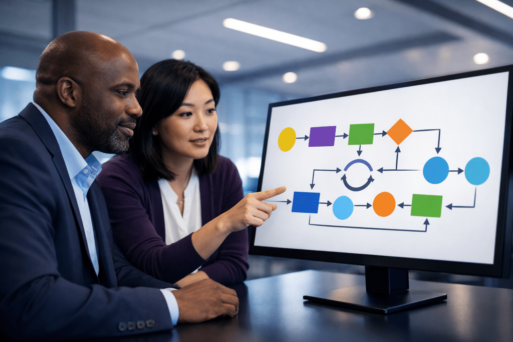 Two colleagues review a hubdrive power automate flowchart