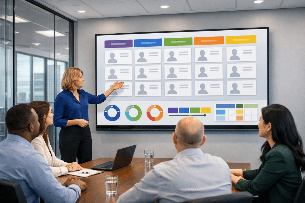 A group of senior colleagues review a selection of candidates using HubDrive Recruitment Module
