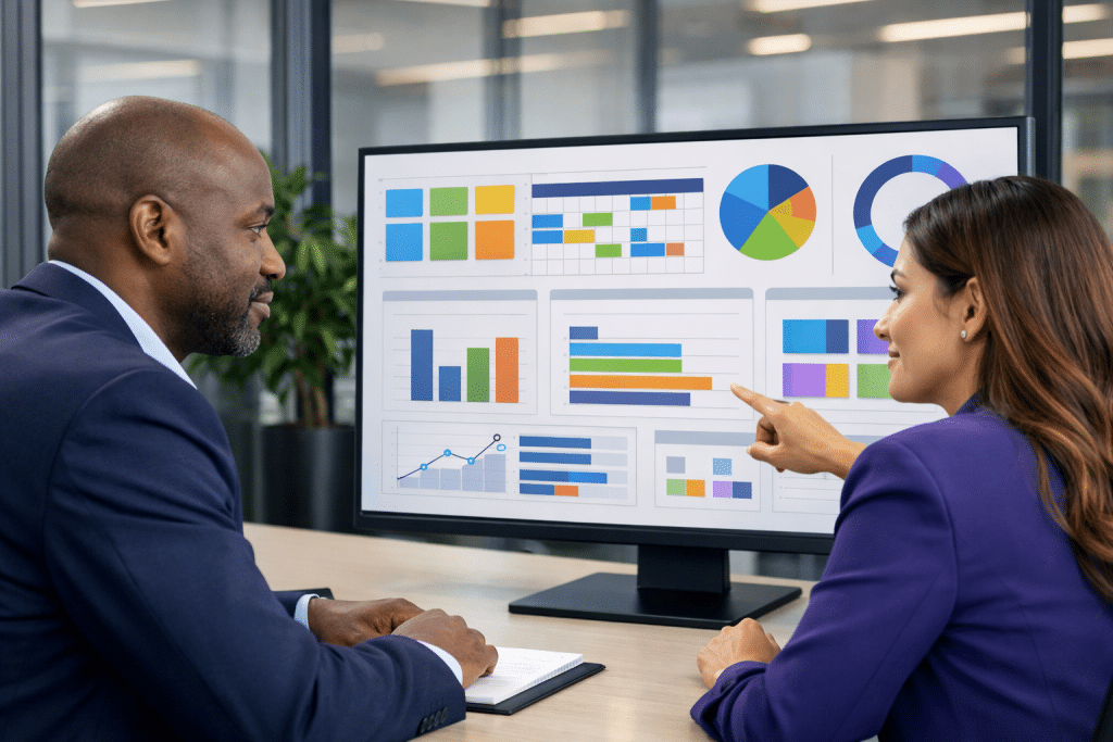 Two colleagues discuss a HR Dashboard, useful for Absence management