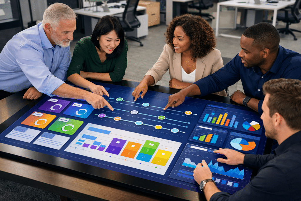 A group of colleagues sat around an interactive tablet table, reviewing performance management metrics