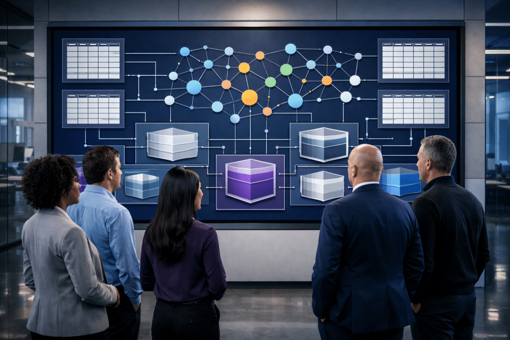 Professionals reviewing a Microsoft Dataverse security model diagram for HR data in Dynamics 365.
