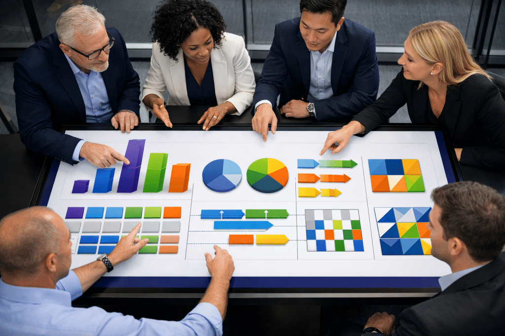 A group of office workers are sat around an interactive table discussing Hubdrive pricing