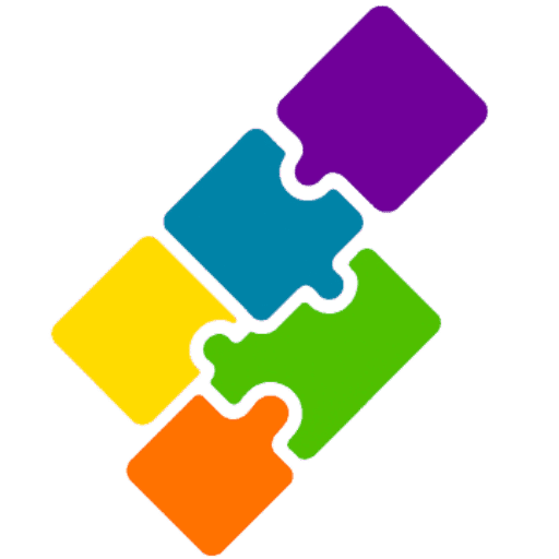 Five interlocking diamond-shaped puzzle pieces in purple, blue, yellow, green, and orange arranged diagonally, symbolizing collaboration and integration.