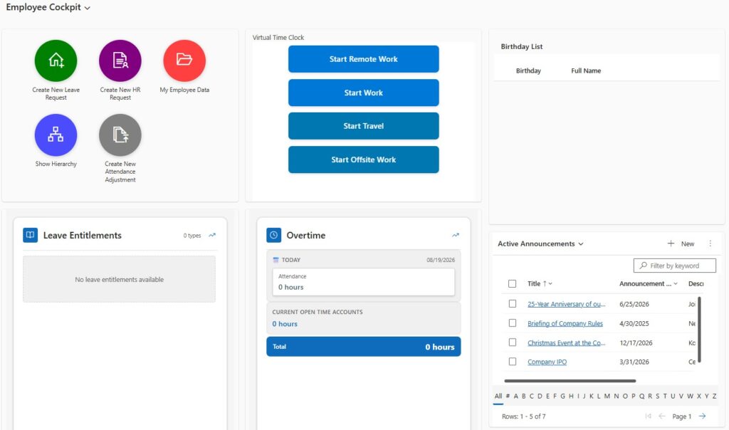 Employee Cockpit dashboard with tiles for Leave/HR requests, My Data, Show Hierarchy, Attendance Adjustment, a Virtual Time Clock with four action buttons, a Birthday List, Leave Entitlements, Overtime, and Announcements.