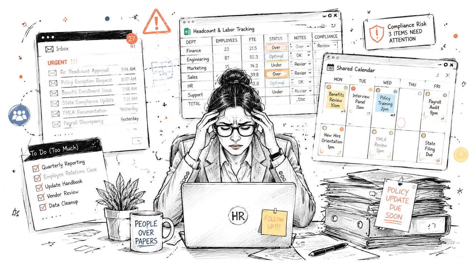 Stressed human resources professional overwhelmed by excessive paperwork, emails, and scheduling tasks at an office desk.