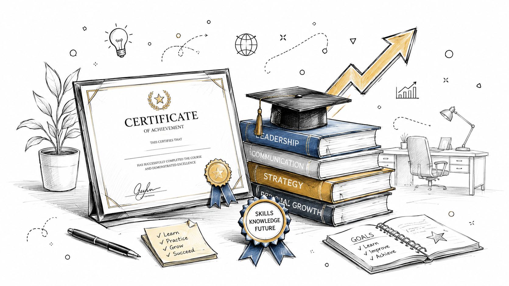 A certificate of achievement, graduation cap on books, and a notebook representing educational success and professional growth.