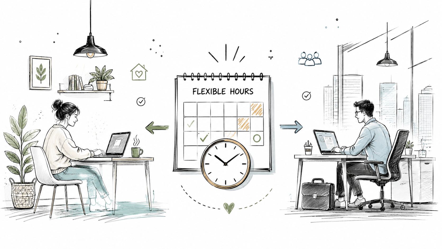 A split illustration showing a woman working from home and a man working in an office.