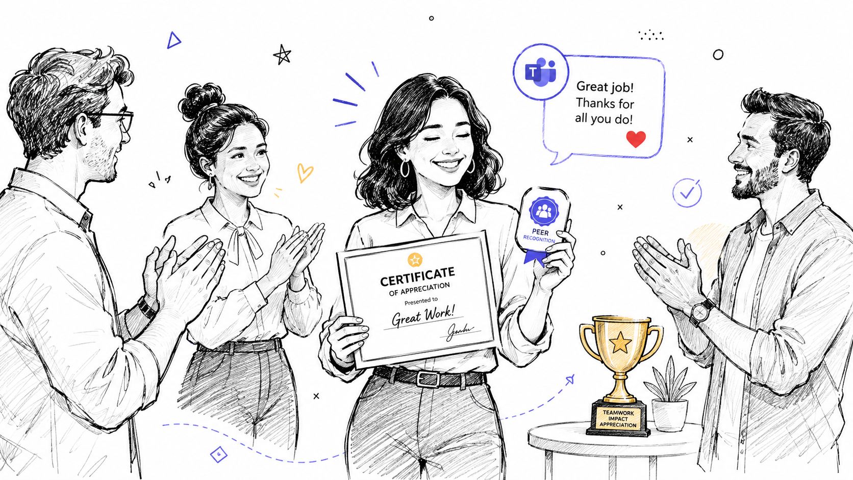 A professional illustration of a woman receiving a certificate and award surrounded by supportive colleagues applauding her success.