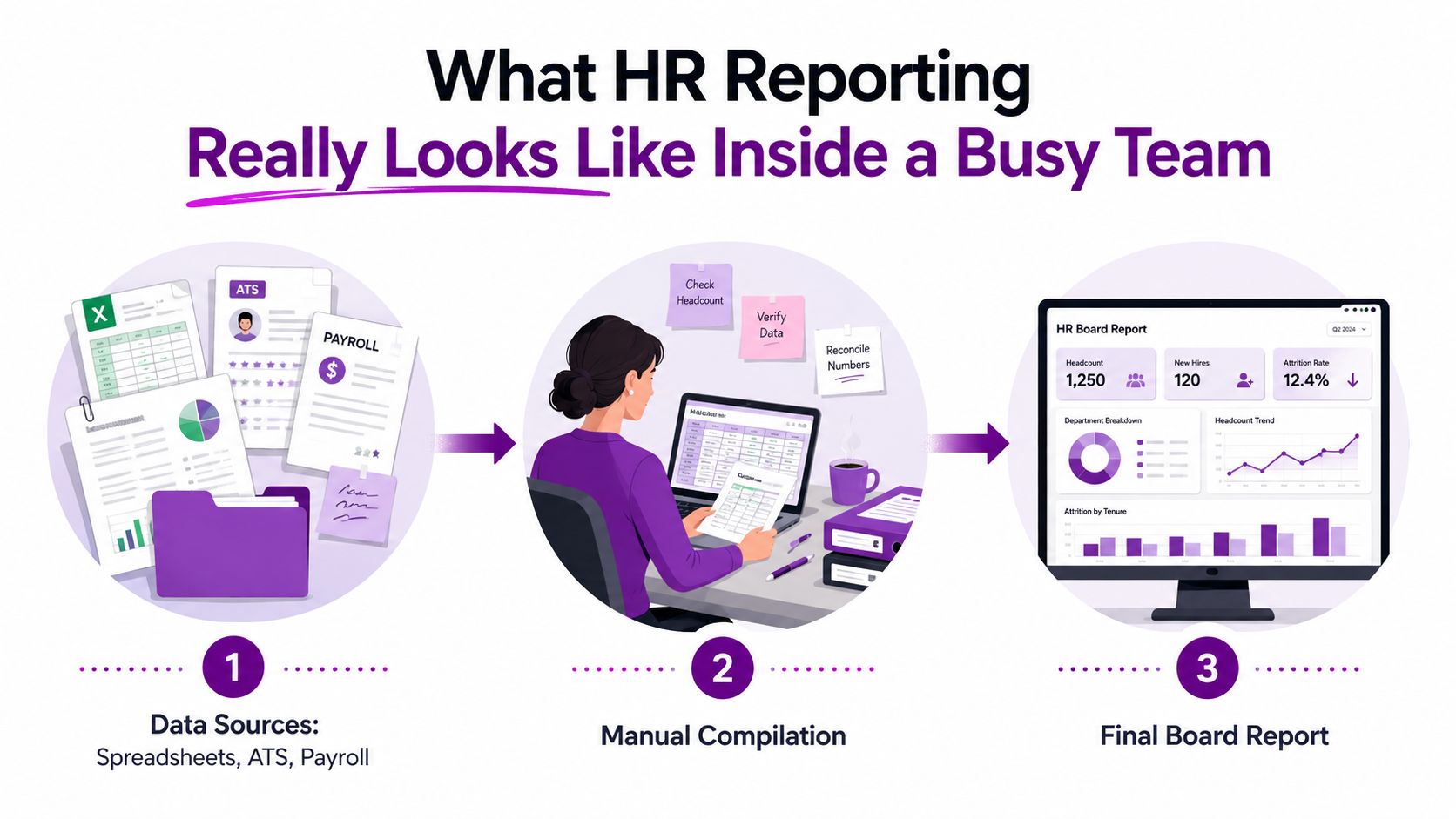 A diagram illustrating the three steps of manual HR reporting from data collection to final board reports.