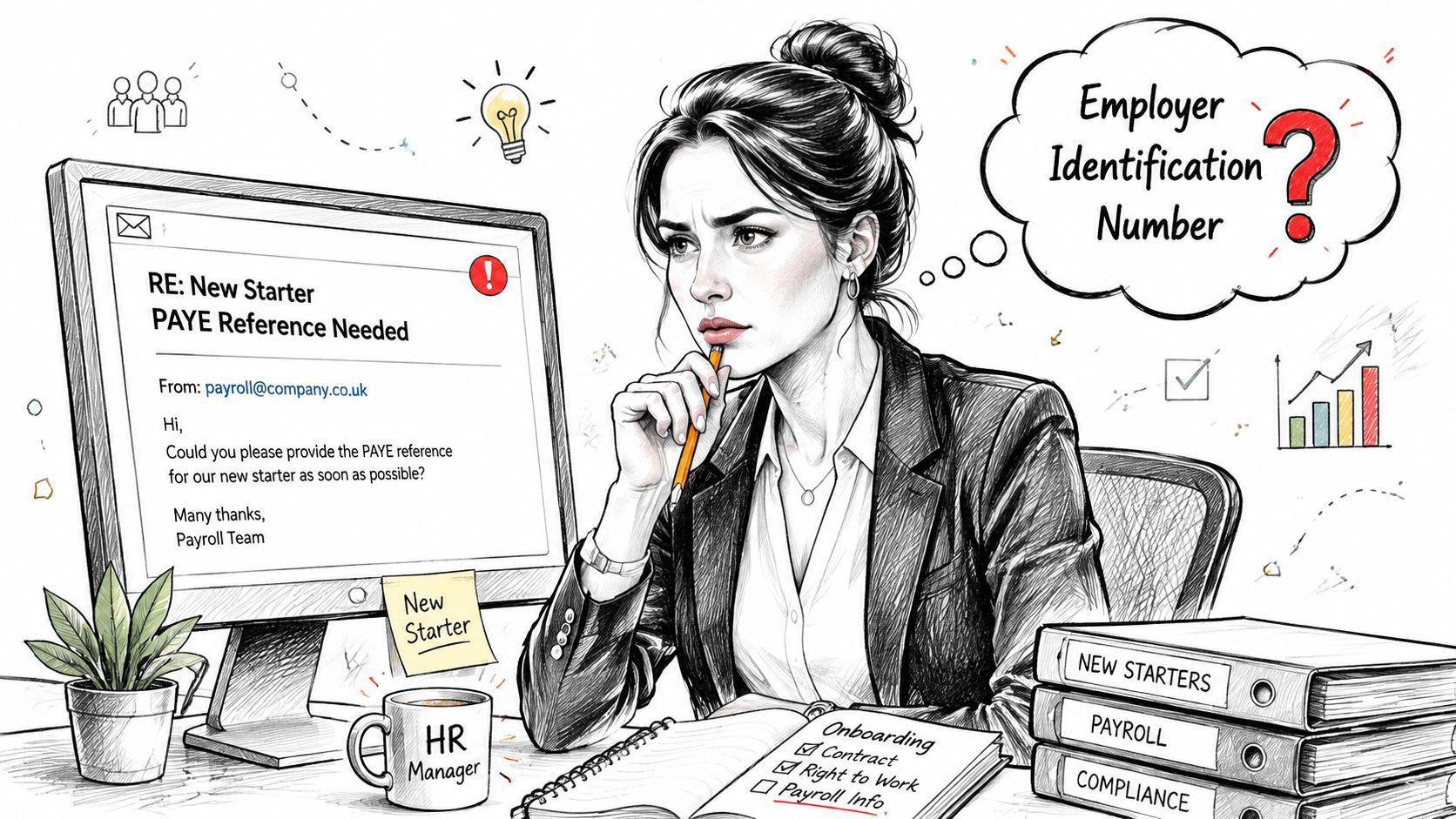 A thoughtful HR manager sitting at her desk looking at a payroll email about a new starter.