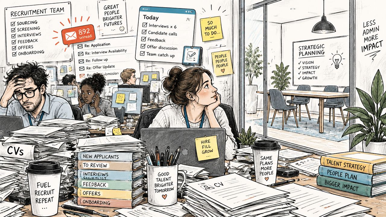 A busy recruitment office scene illustrating the contrast between overwhelming administrative tasks and strategic talent management planning.