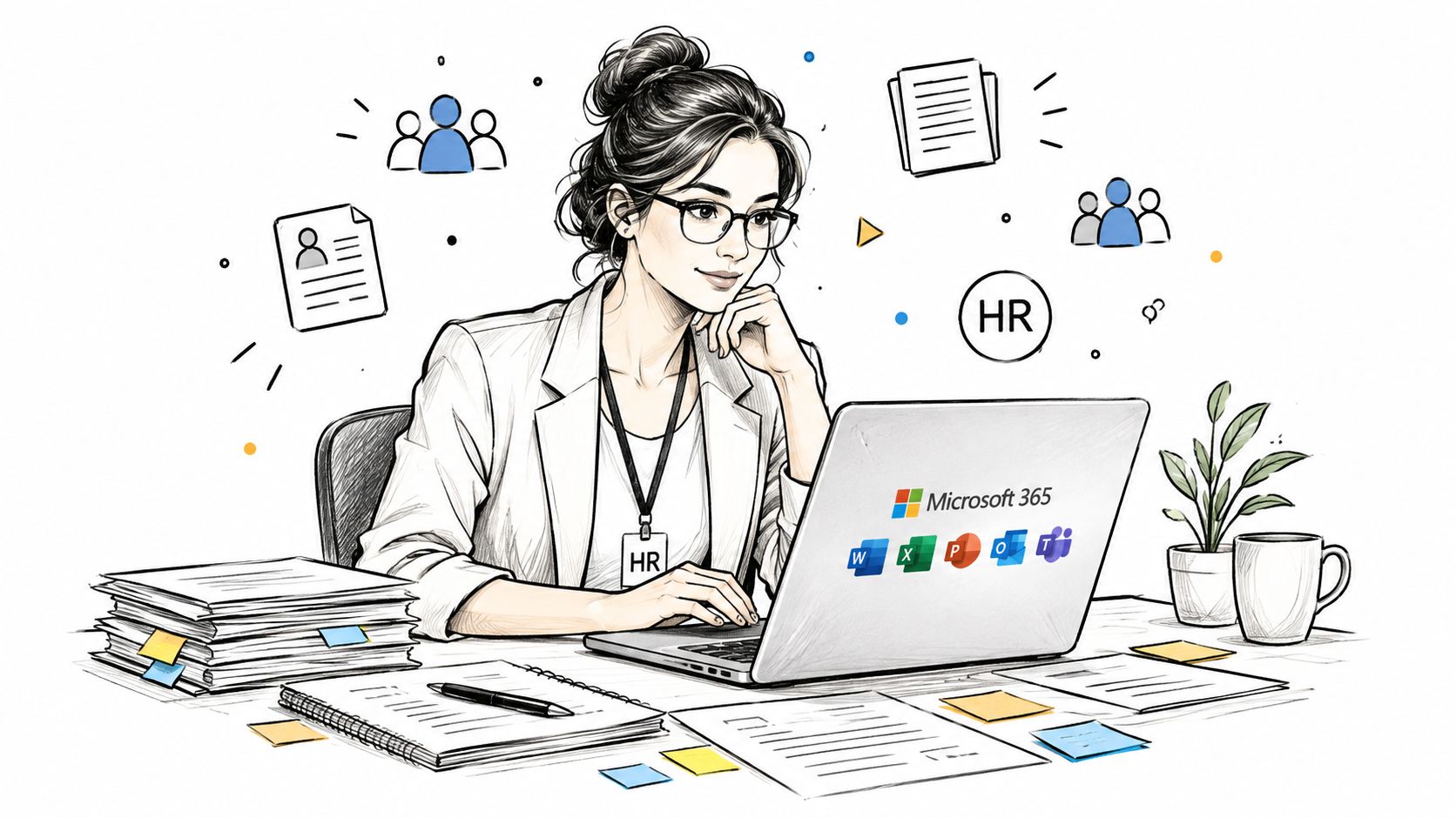 A professional woman working at her desk using Microsoft 365 software for human resources tasks.