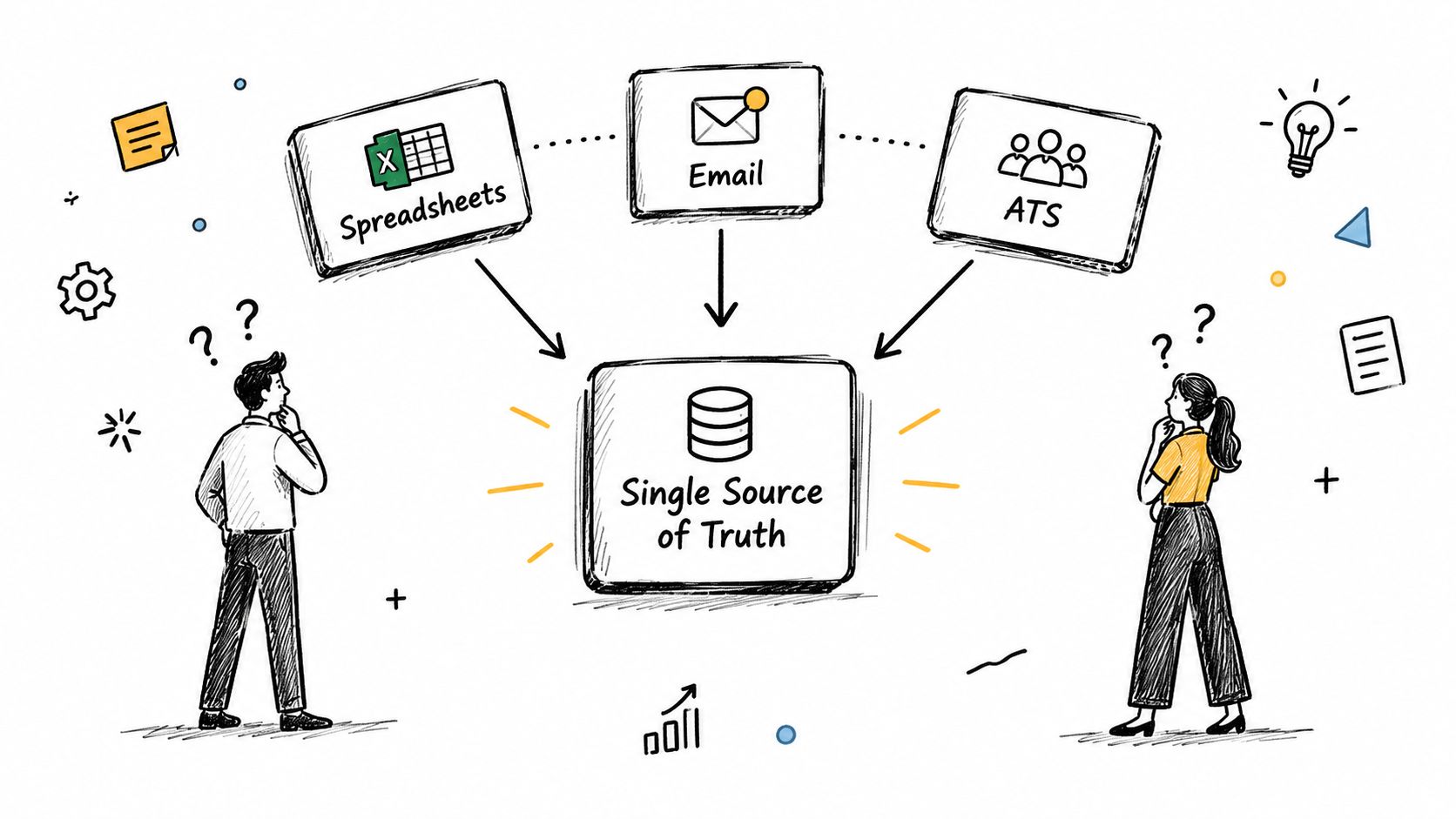 A conceptual illustration showing people contemplating data consolidation from spreadsheets, email, and ATS into a single source.