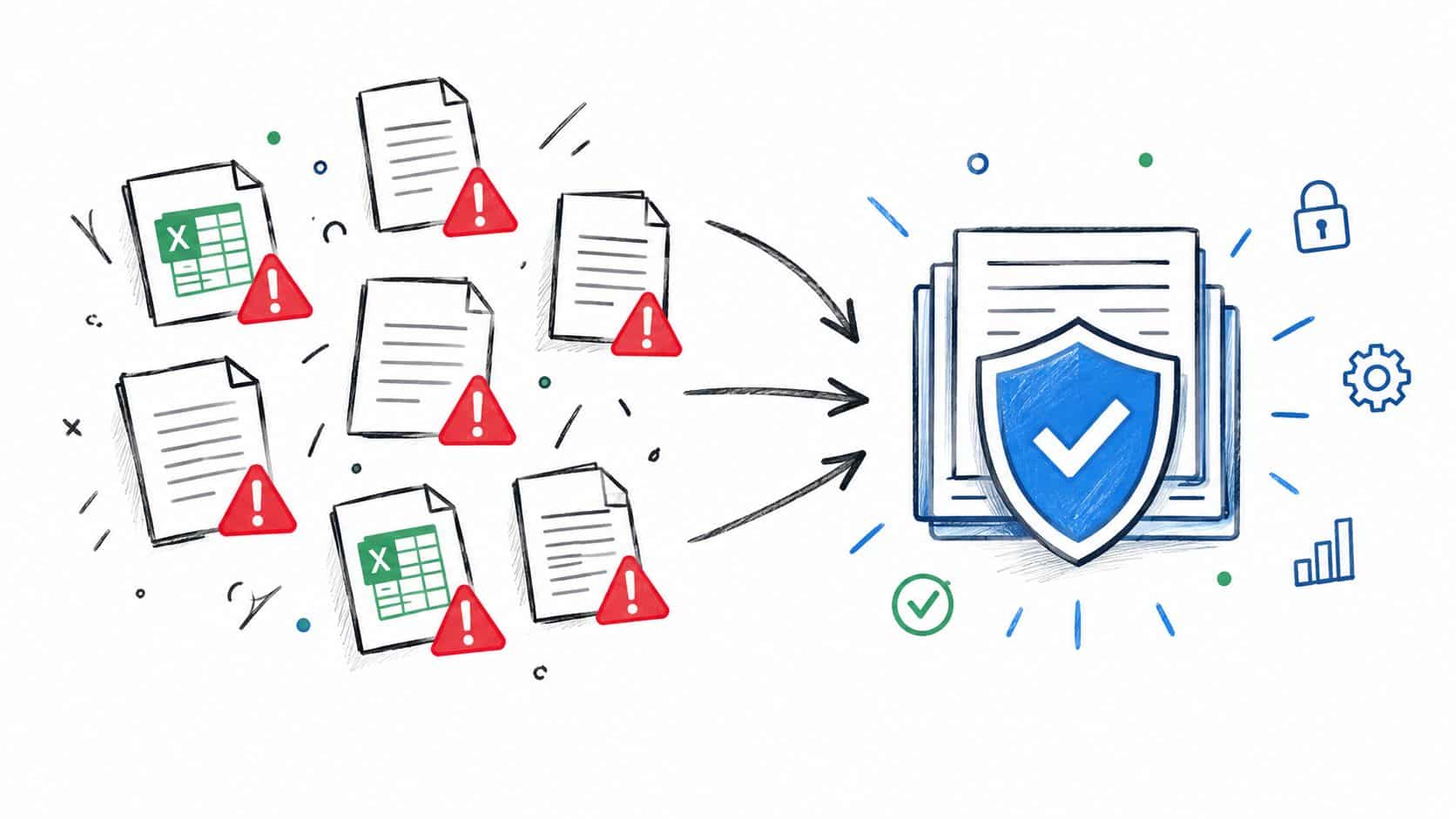 A hand-drawn illustration showing multiple disorganized documents with red warning signs being converted into a secure, protected file.