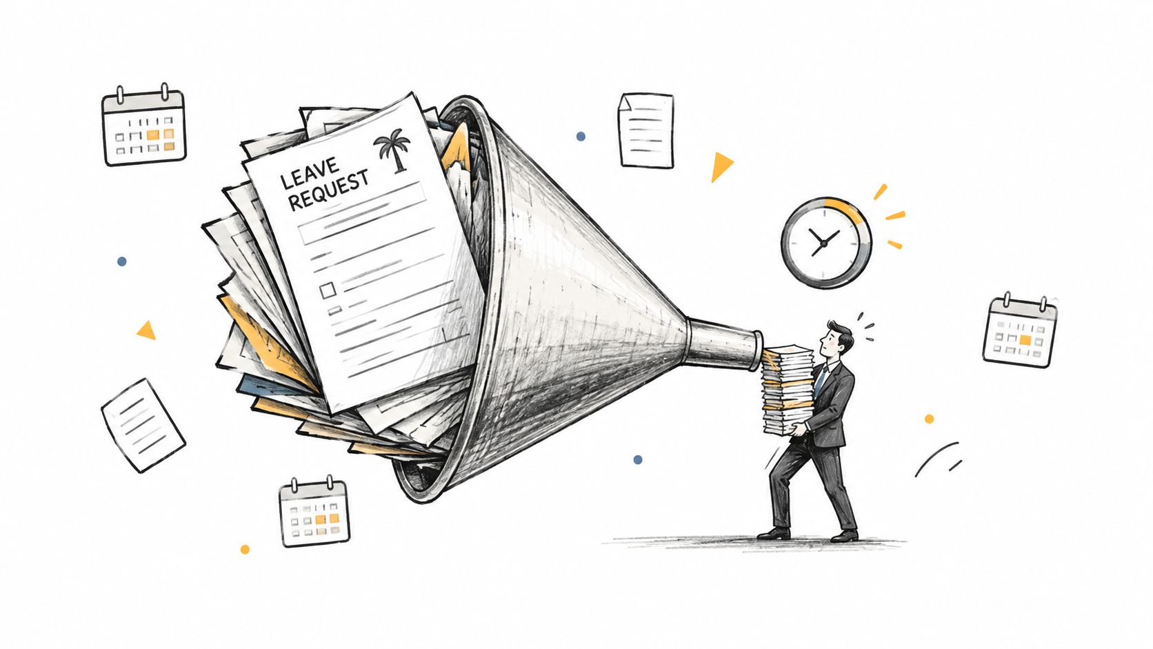 A hand-drawn illustration depicting a business person processing numerous leave request documents through a funnel.