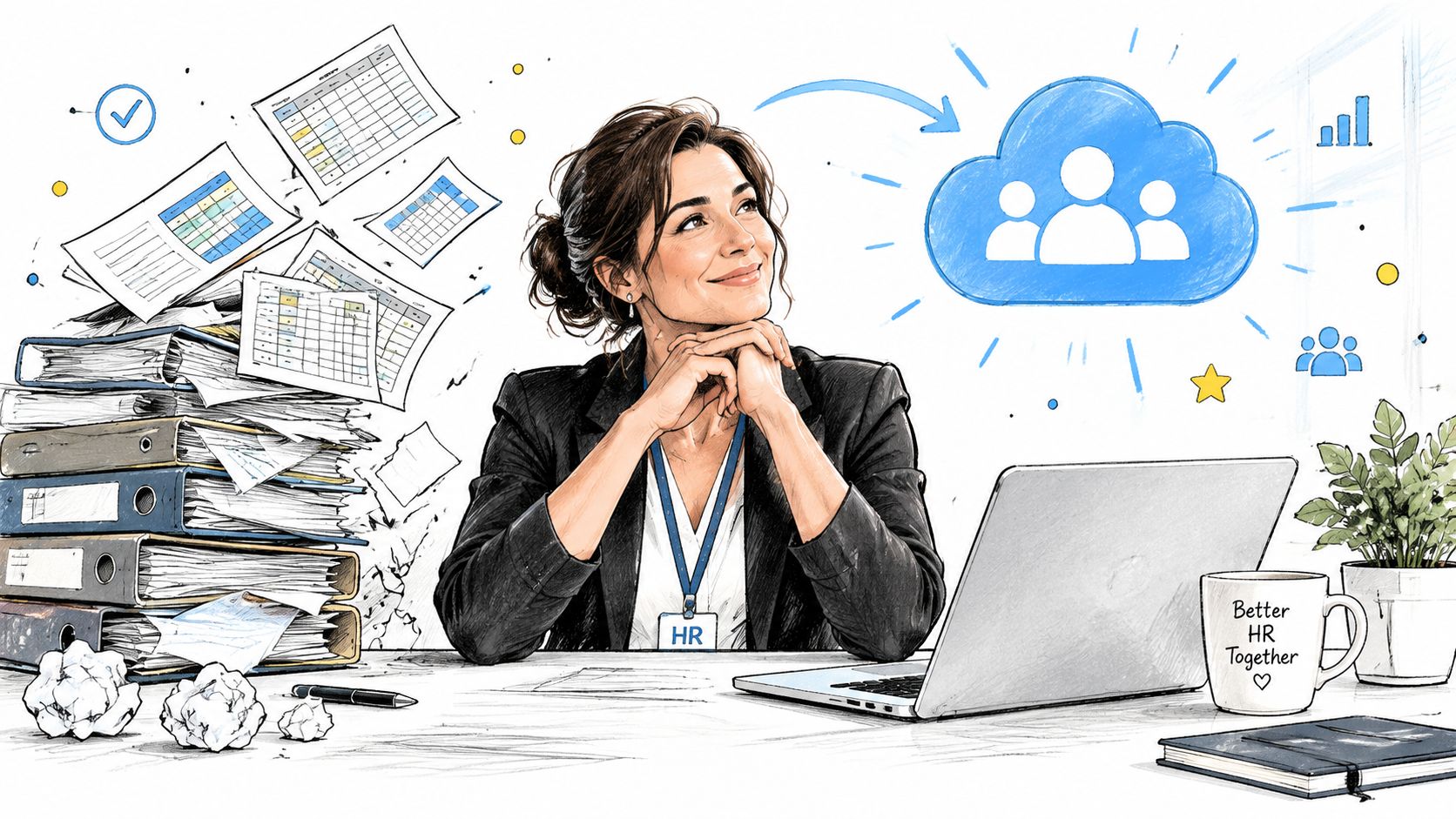 A professional HR manager smiling while transitioning from piles of paper files to a digital cloud-based HR system.