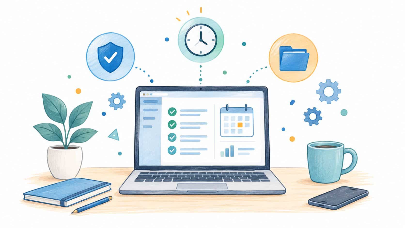 A digital illustration of a tidy desk featuring a laptop displaying a checklist, calendar, and office supplies.