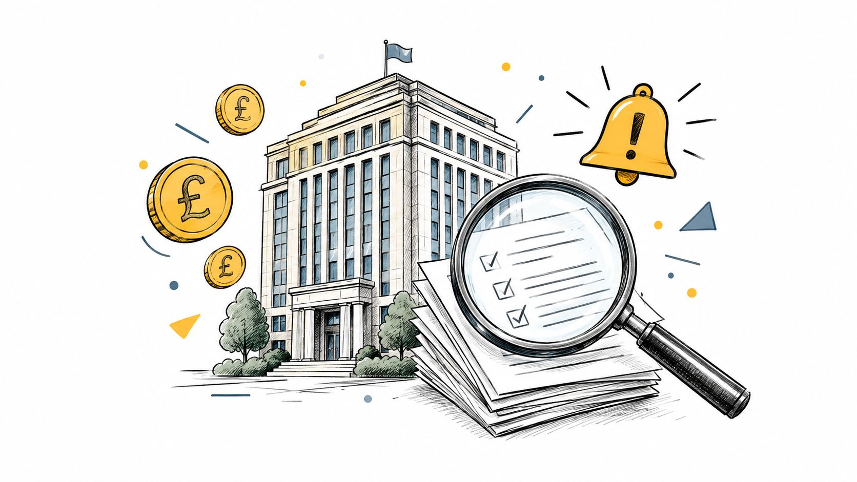 A hand-drawn illustration depicting a bank building with pound coins, a magnifying glass, and an alert bell.