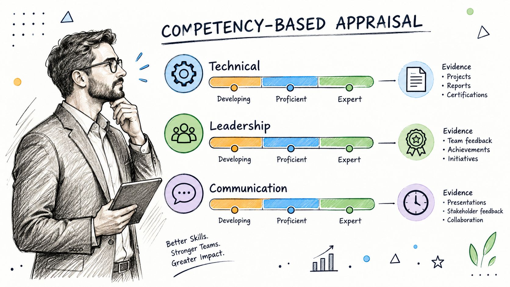 A professional man reflecting on a competency-based appraisal chart covering technical, leadership, and communication skills.