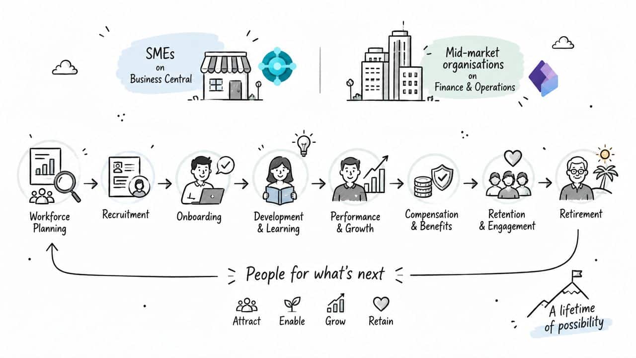 A visual timeline illustration showing the employee lifecycle from workforce planning and recruitment to retirement and retention.