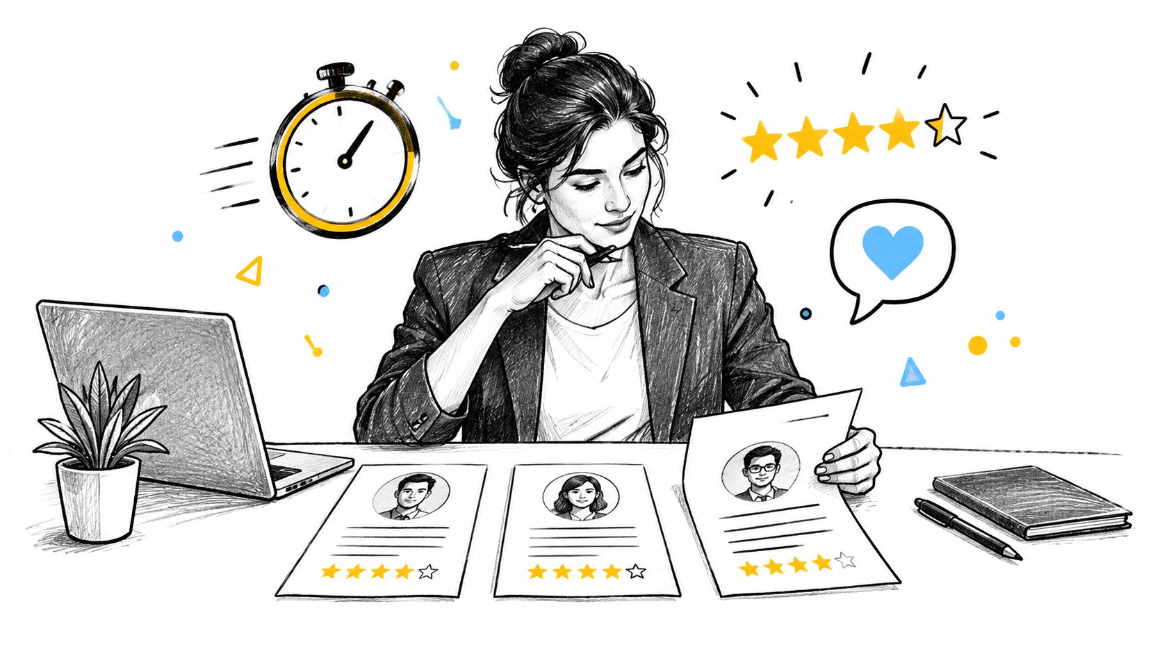 A professional woman reviewing job candidate resumes at a desk with a laptop and rating stars.