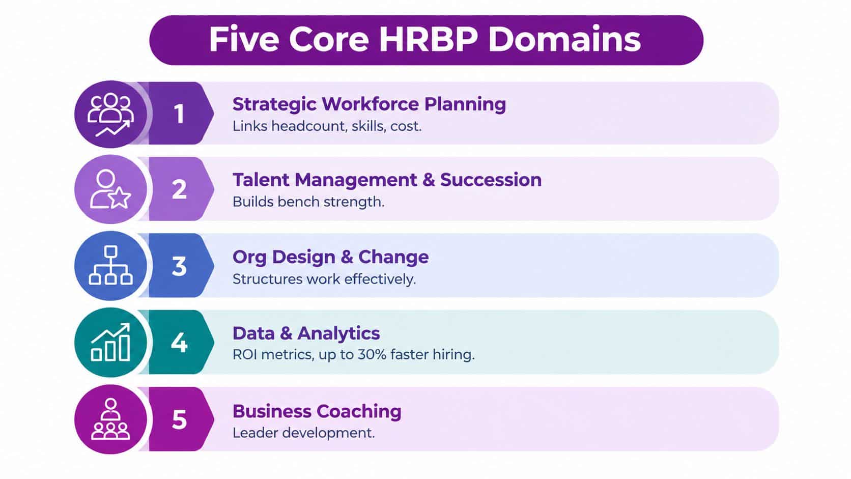 A diagram outlining the five core HR business partner domains including workforce planning, talent management, org design, analytics, and coaching.
