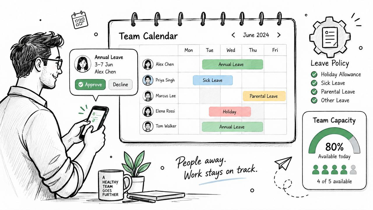 A professional manager using a mobile app to review and approve team leave requests on a calendar.