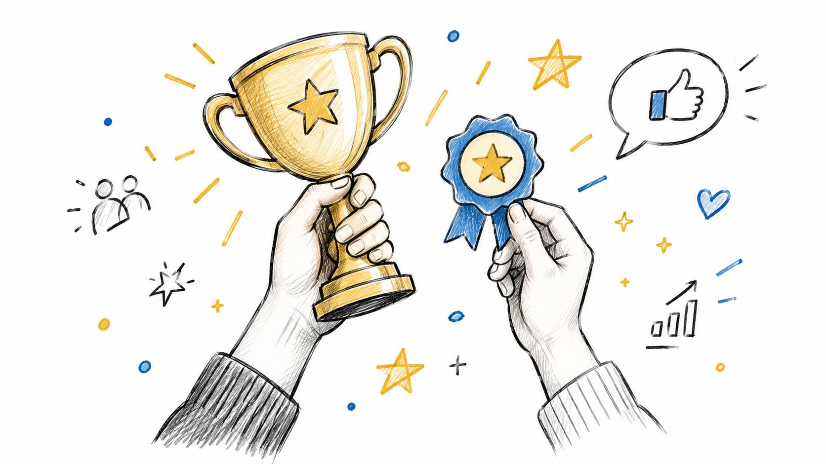 A hand-drawn illustration showing two hands holding a golden trophy and a blue achievement badge award.