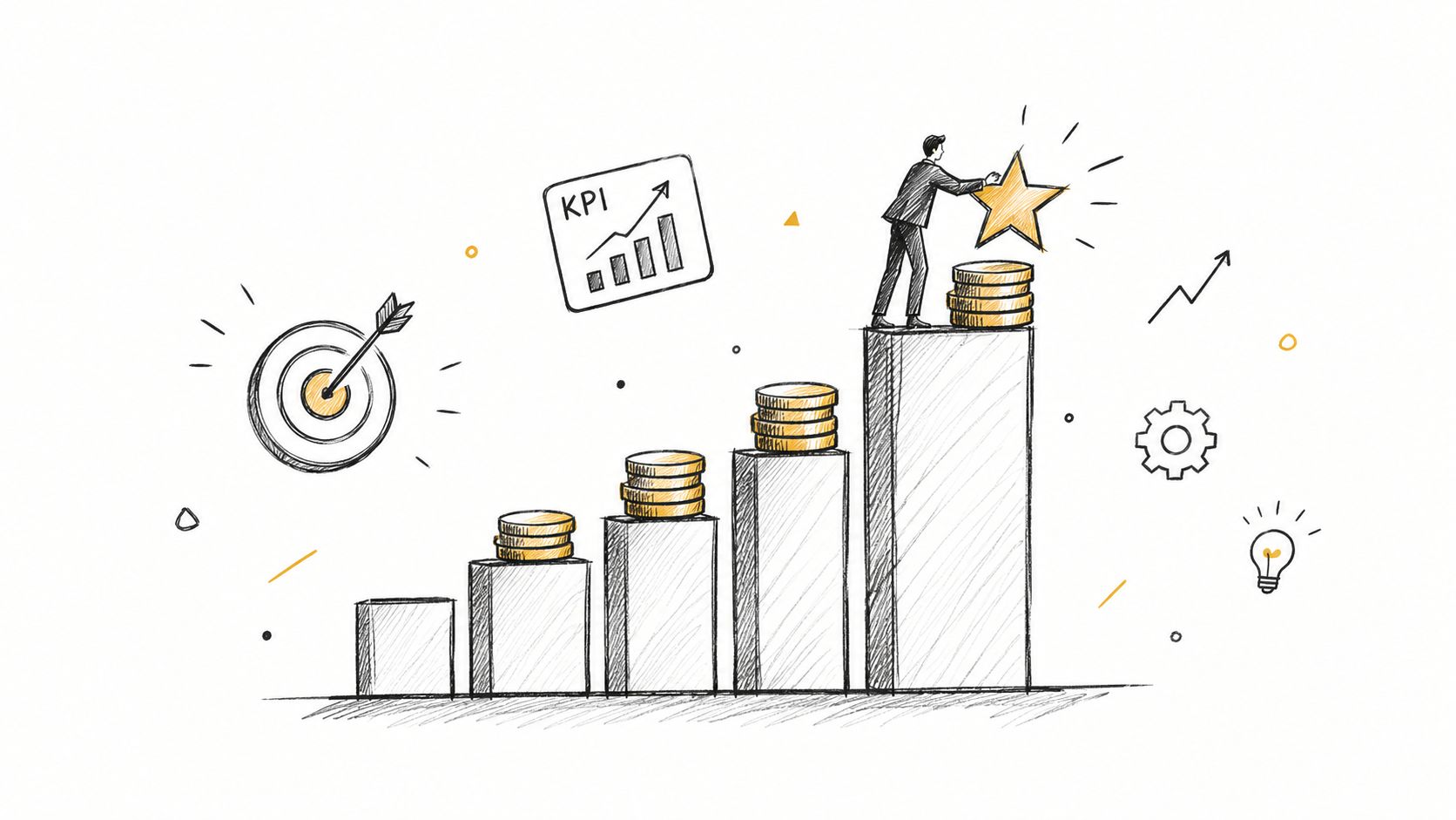 A hand-drawn illustration showing a businessman standing on a bar chart reaching for a golden star.