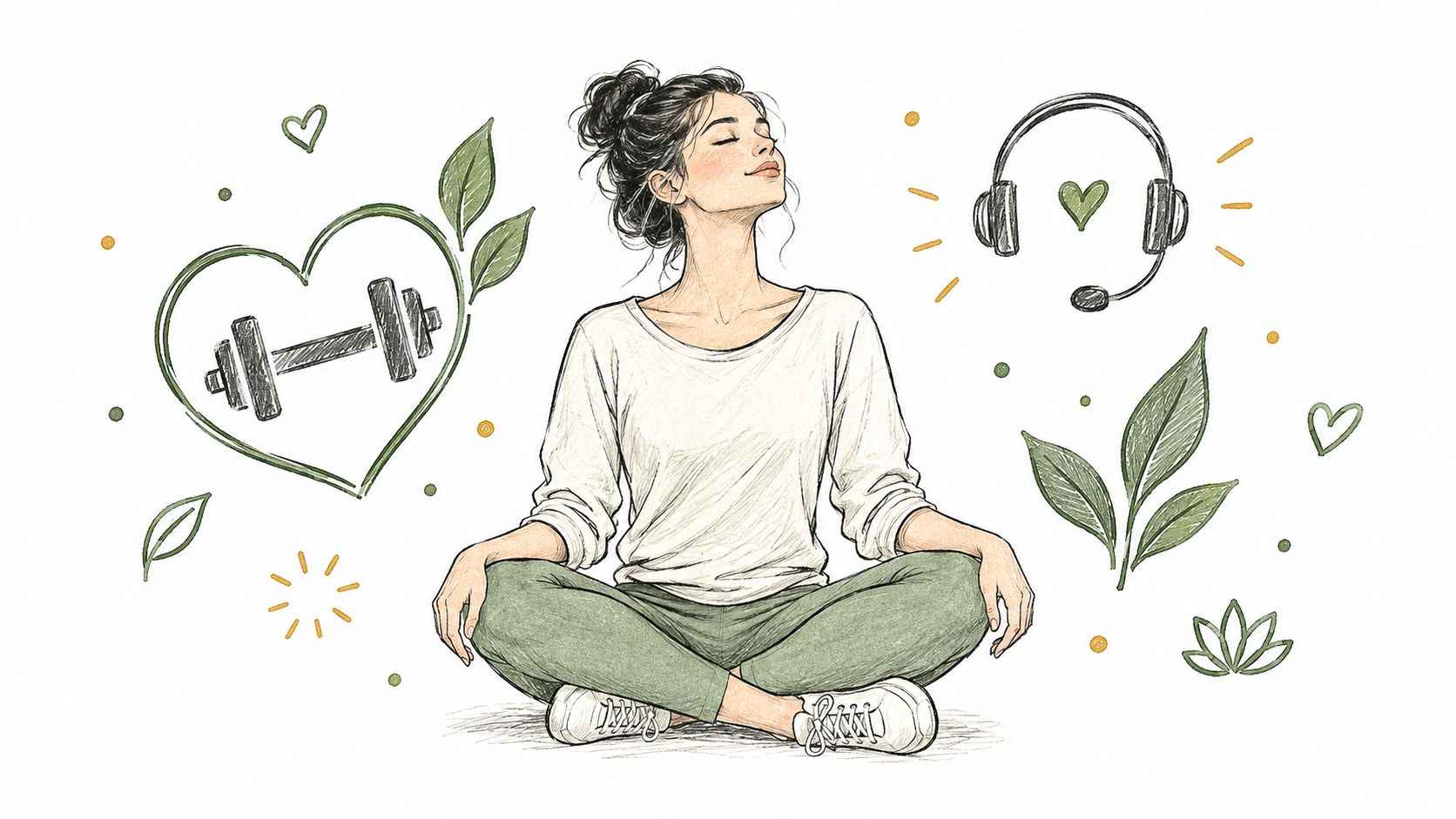 A woman meditating peacefully surrounded by icons representing fitness, mindfulness, and healthy habits at work.