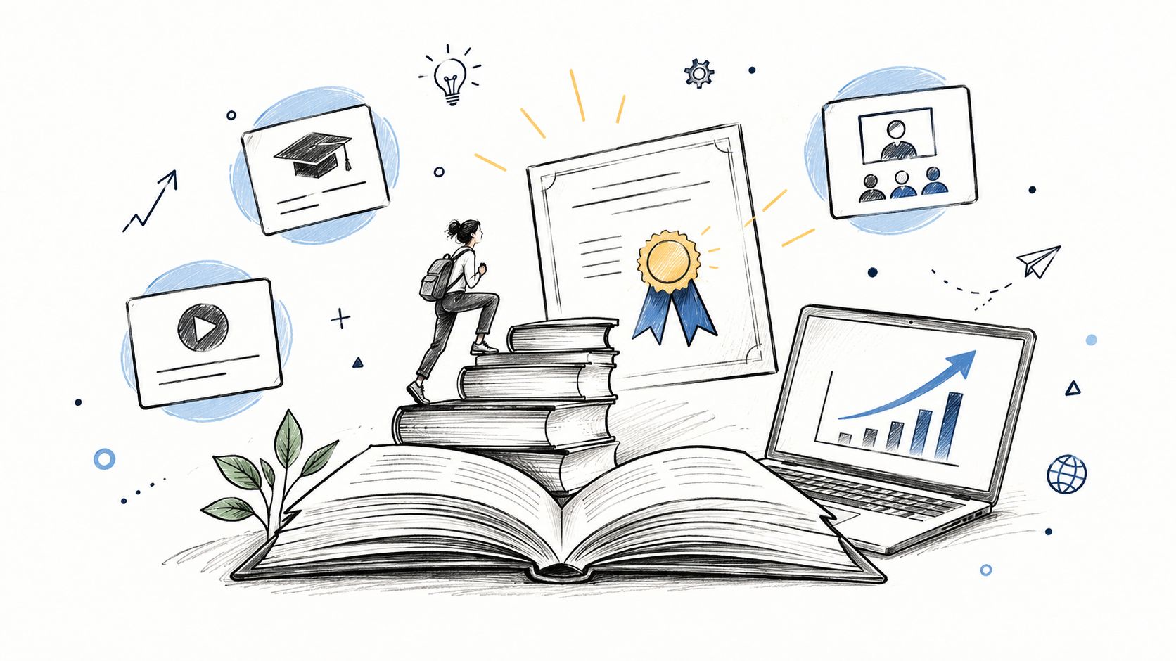 A person climbing stairs made of books toward a certificate, surrounded by education and online learning icons.