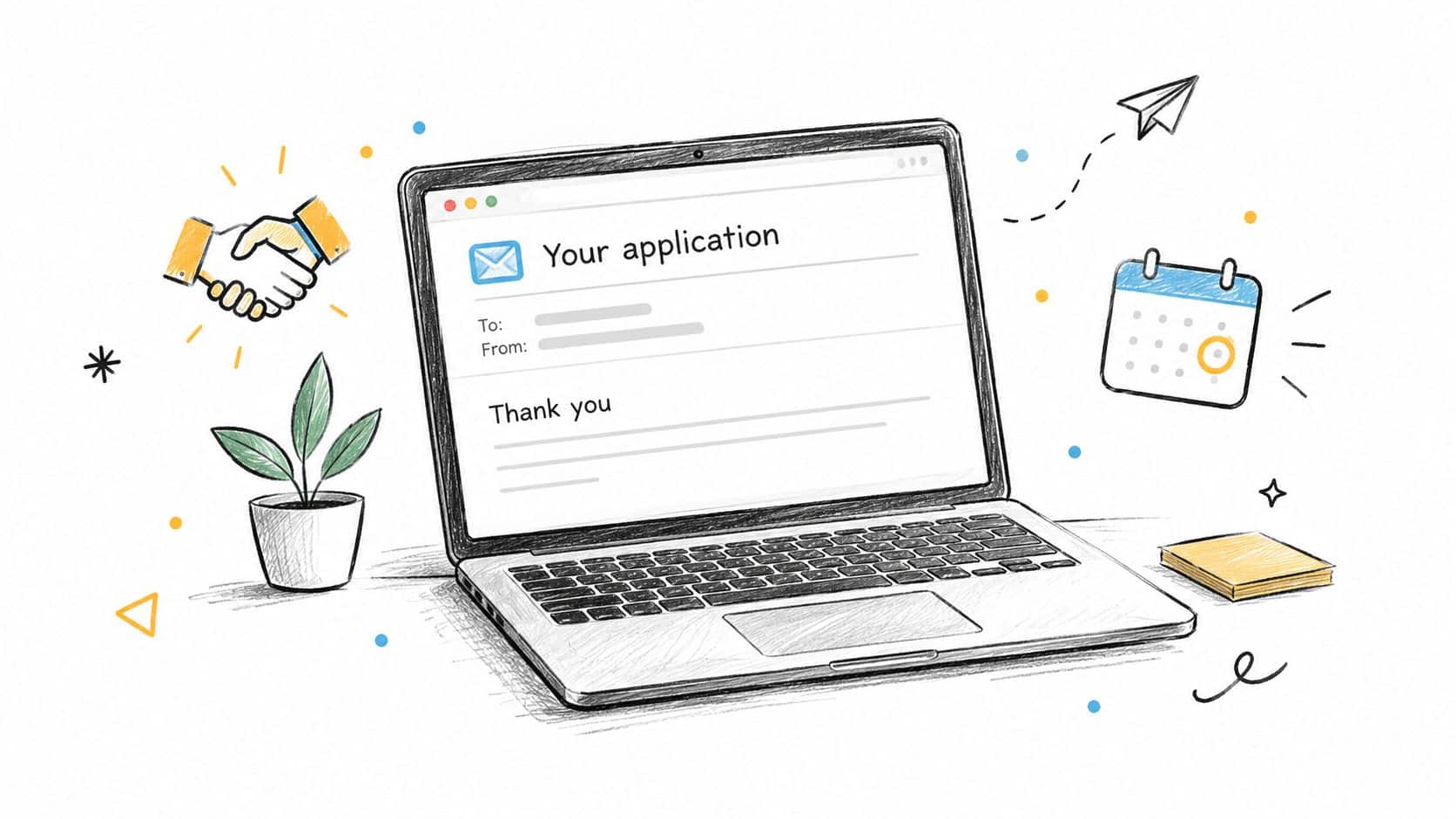 A hand-drawn illustration of a laptop showing an application confirmation email, with icons for business and scheduling.