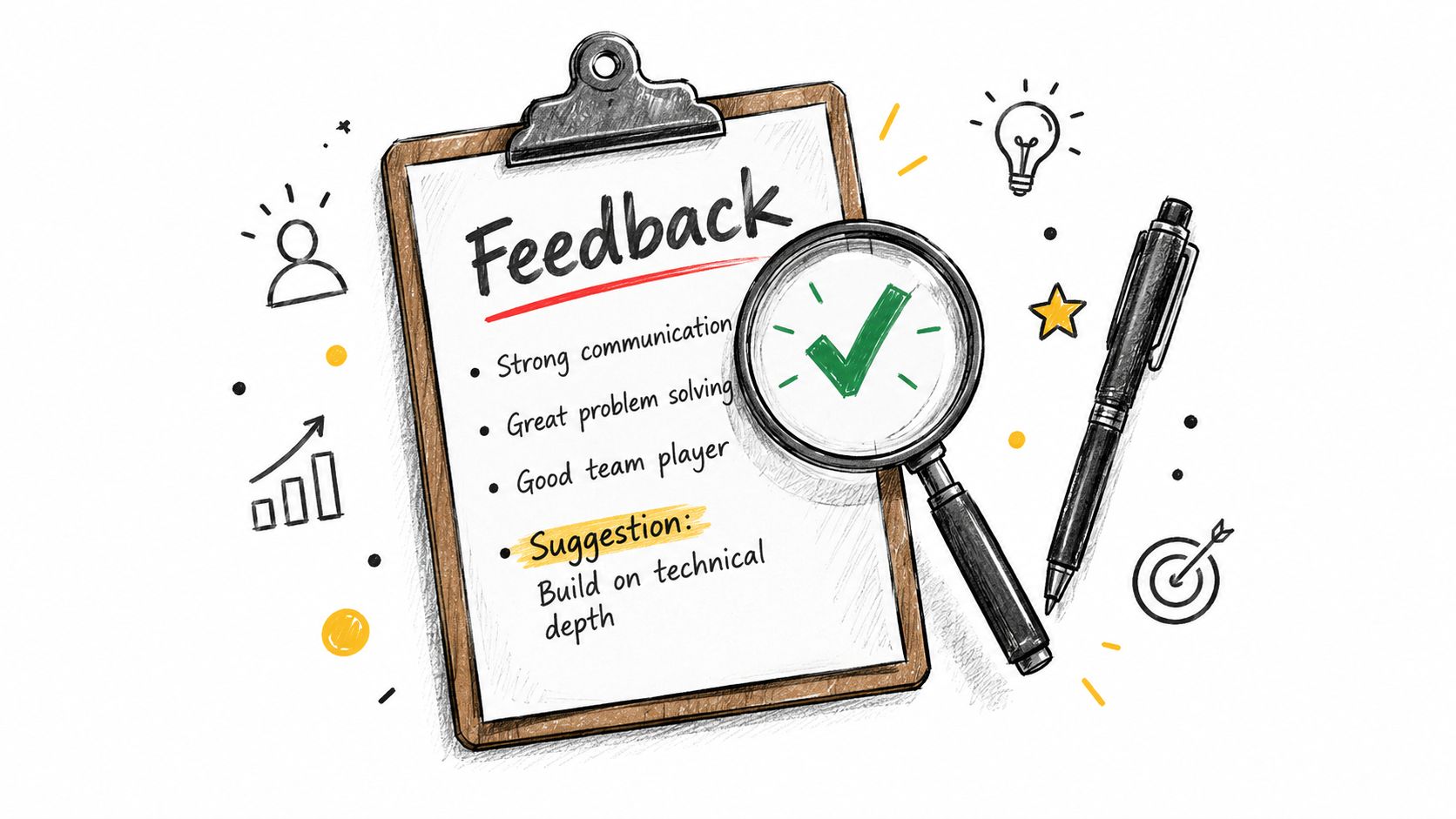 A clipboard showing professional feedback with a magnifying glass over a green checkmark and a pen.