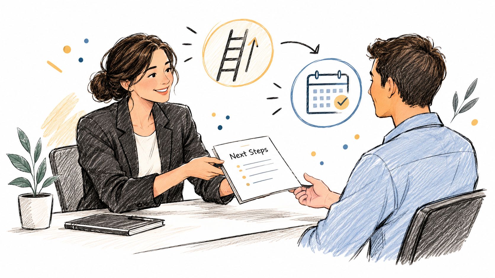 A professional woman in a blazer handing a document labelled Next Steps to a man across a desk.