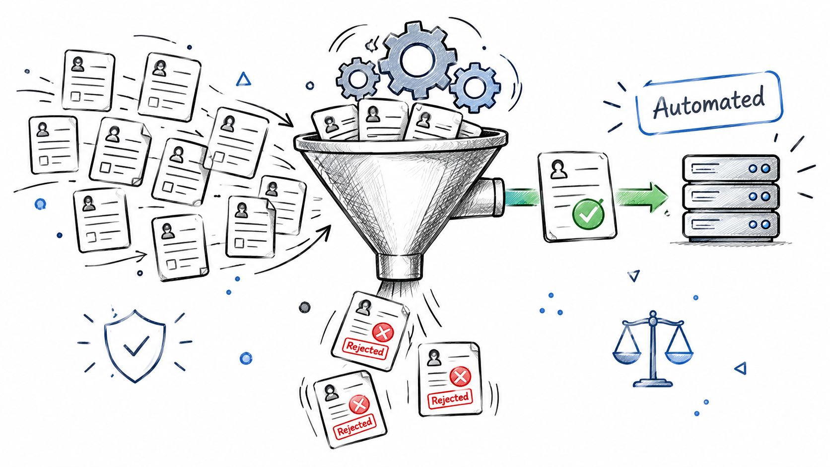 A hand-drawn illustration showing a funnel processing multiple CV documents, sorting them into accepted and rejected categories.