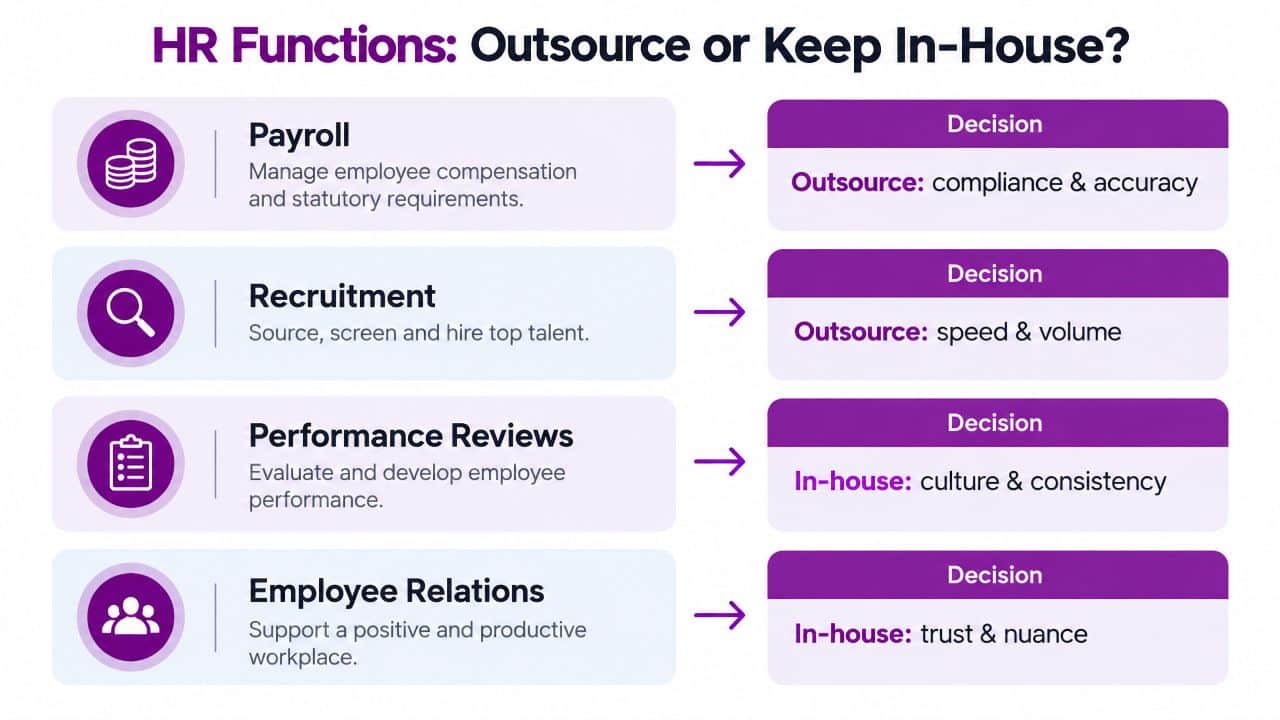 A chart detailing whether HR functions like payroll, recruitment, performance reviews, and employee relations should be outsourced or kept in-house.