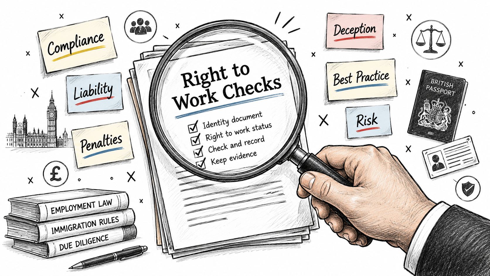 A hand holding a magnifying glass over a document detailing right to work checks for UK employment.
