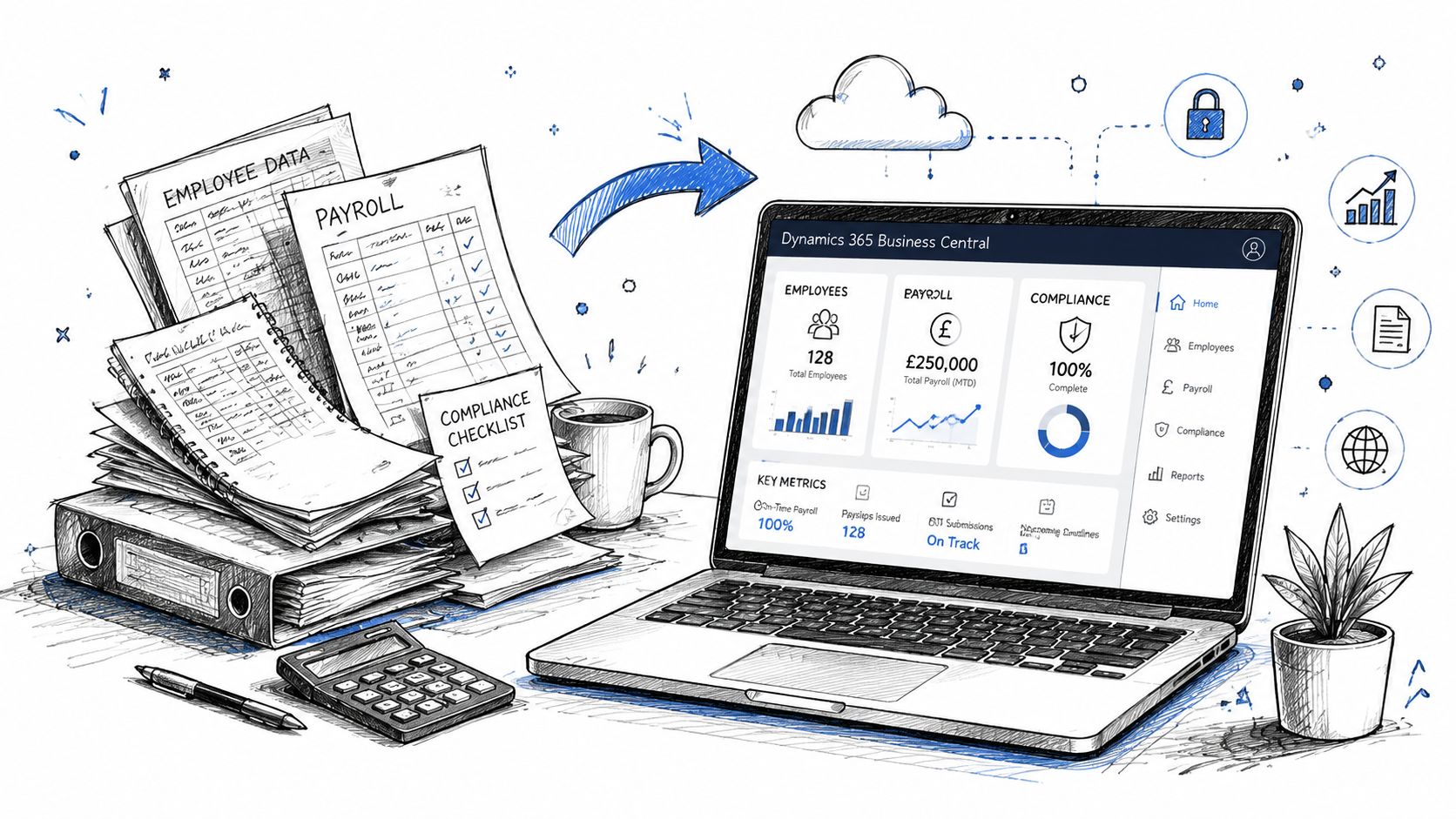 A sketched illustration showing payroll and HR data moving from paper documents into a digital laptop interface.
