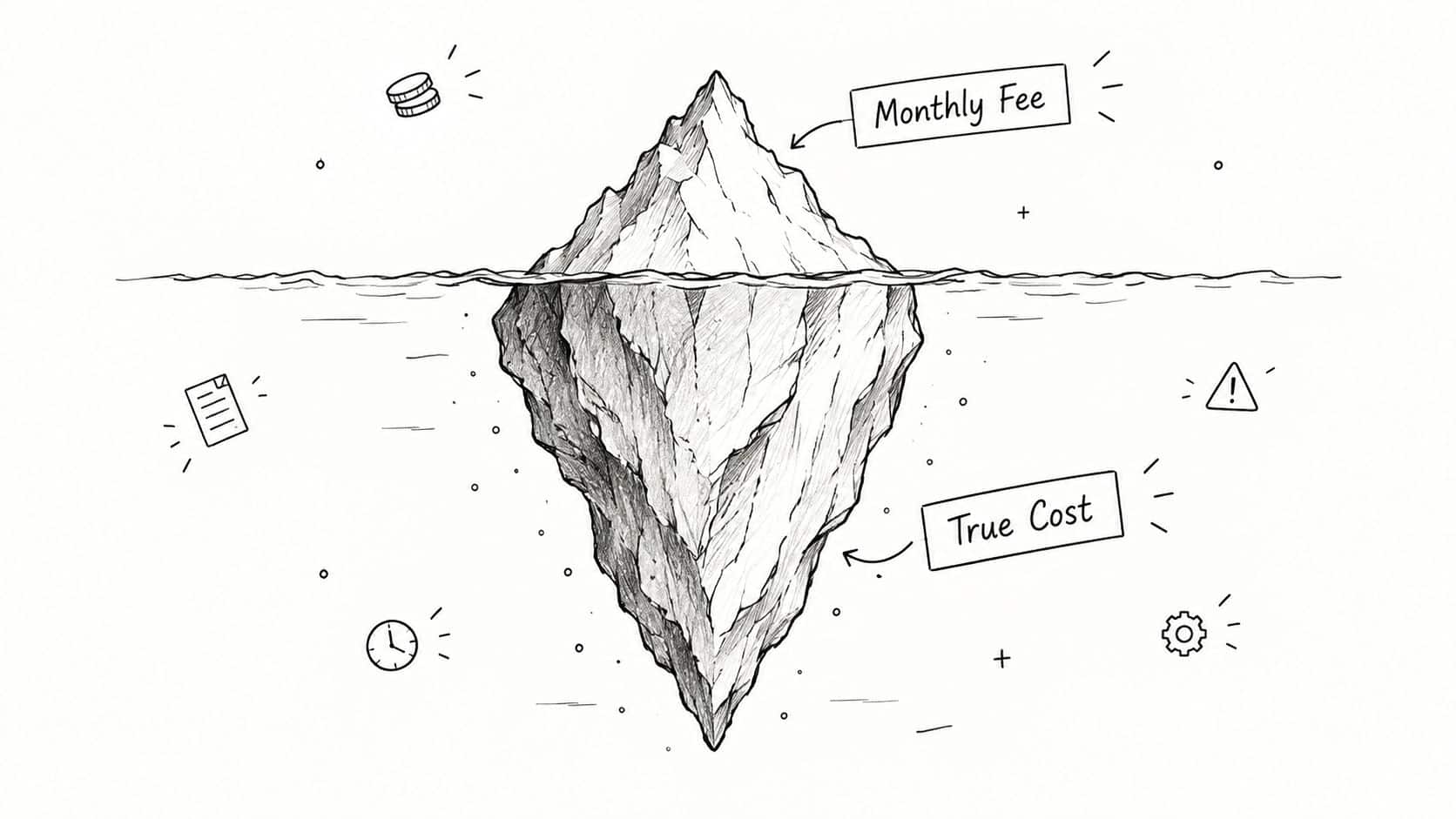 A pencil sketch of an iceberg illustrating the difference between visible monthly fees and hidden costs.
