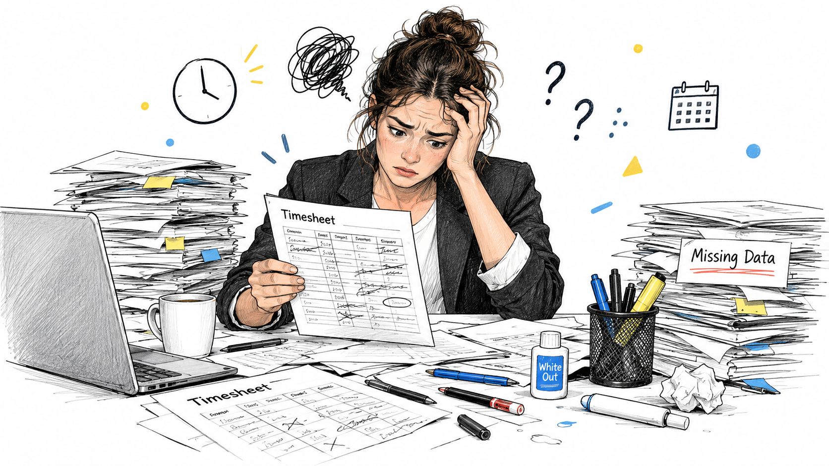 A stressed woman working at an office desk piled with paperwork and timesheets, overwhelmed by missing data.