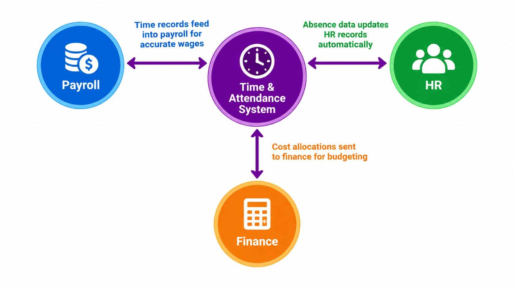 A diagram illustrating how a centralized time and attendance system integrates with payroll, HR, and finance departments.