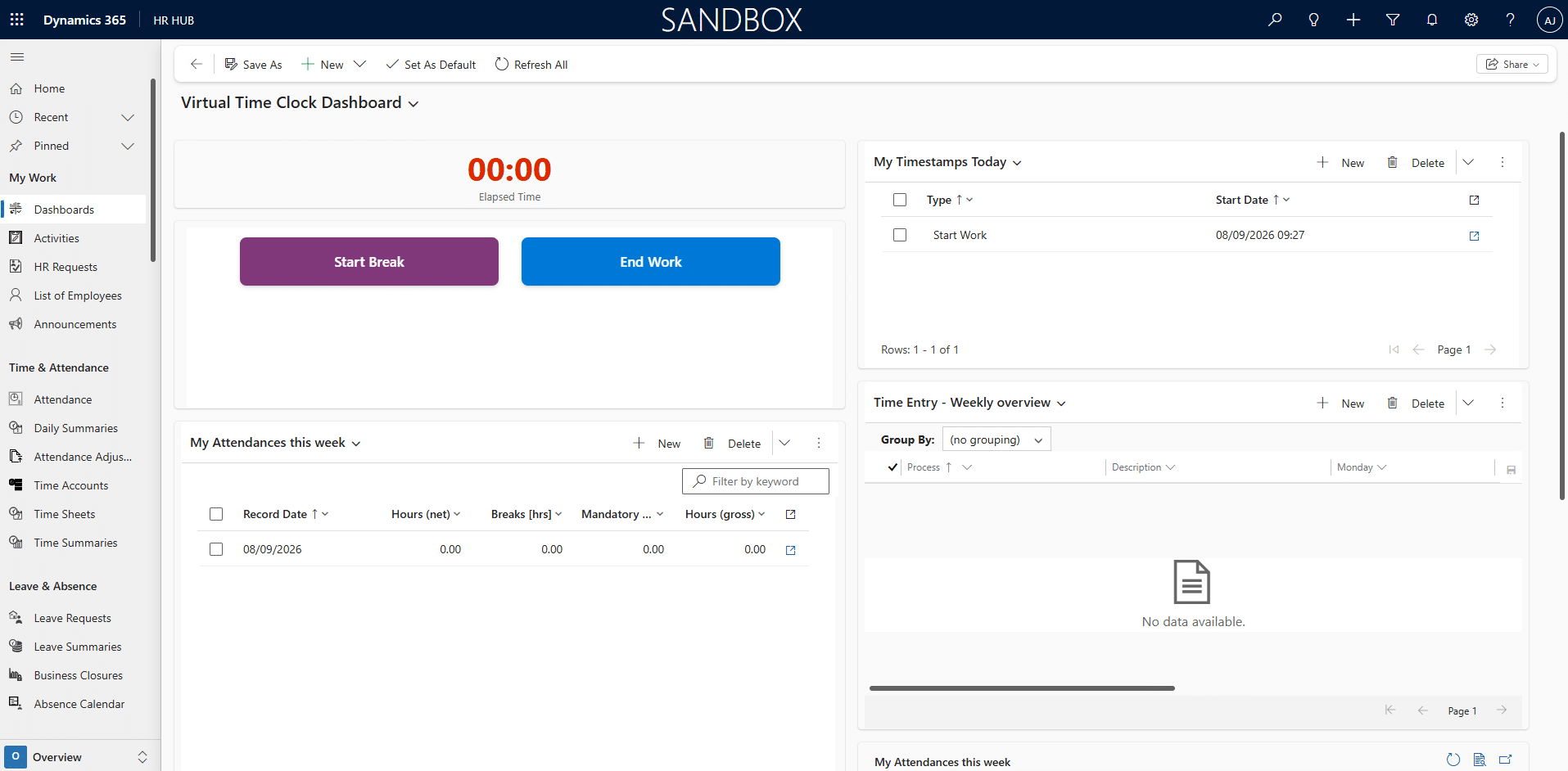 Virtual Time Clock Dashboard: shows 00:00 elapsed time with Start Break and End Work buttons and today’s timestamp list panel on the right.