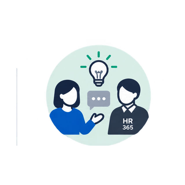 Two people discuss ideas in a circular illustration, featuring a lightbulb and chat bubble with an HR 365 badge