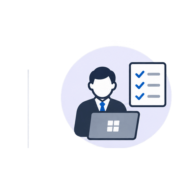 Illustration of a person in a suit using a laptop with a checklist showing three completed items