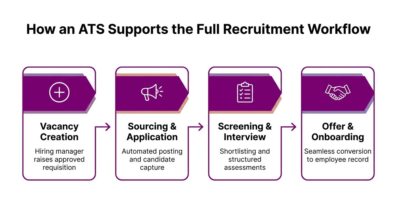 A flow chart illustrating the four main stages of an ATS recruitment workflow from vacancy to onboarding.